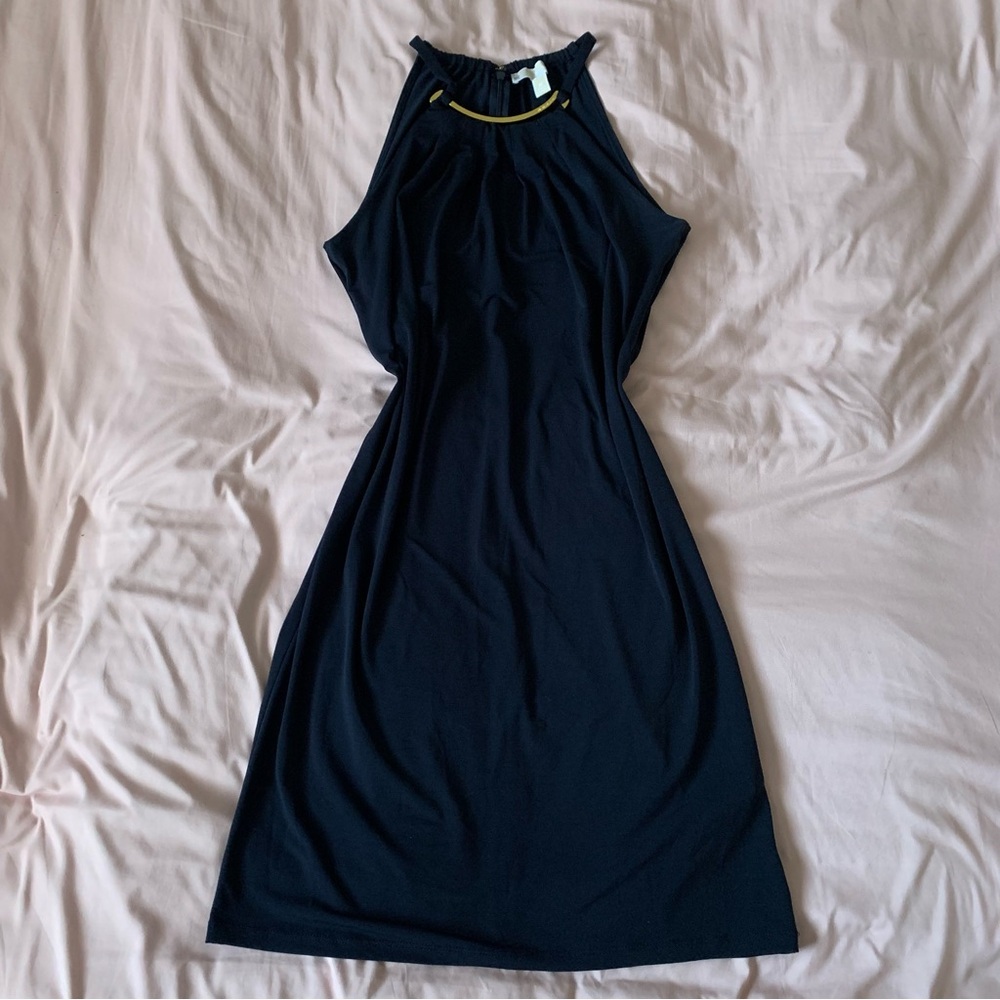 Michael Kors Women's Medium Navy Blue Gold Chain Halter Neck Dress